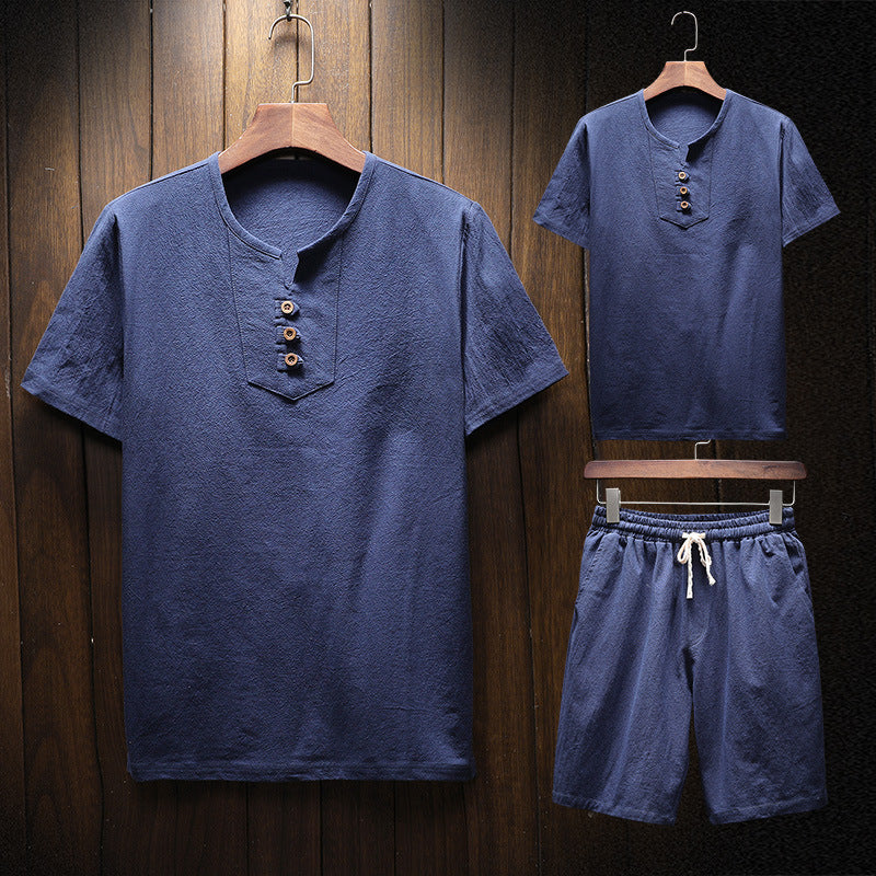 Men's Linen Suit Solid Color Short-sleeved T-shirt Shorts
