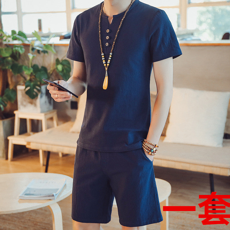Men's Linen Suit Solid Color Short-sleeved T-shirt Shorts
