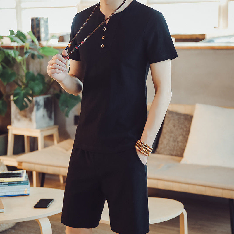 Men's Linen Suit Solid Color Short-sleeved T-shirt Shorts