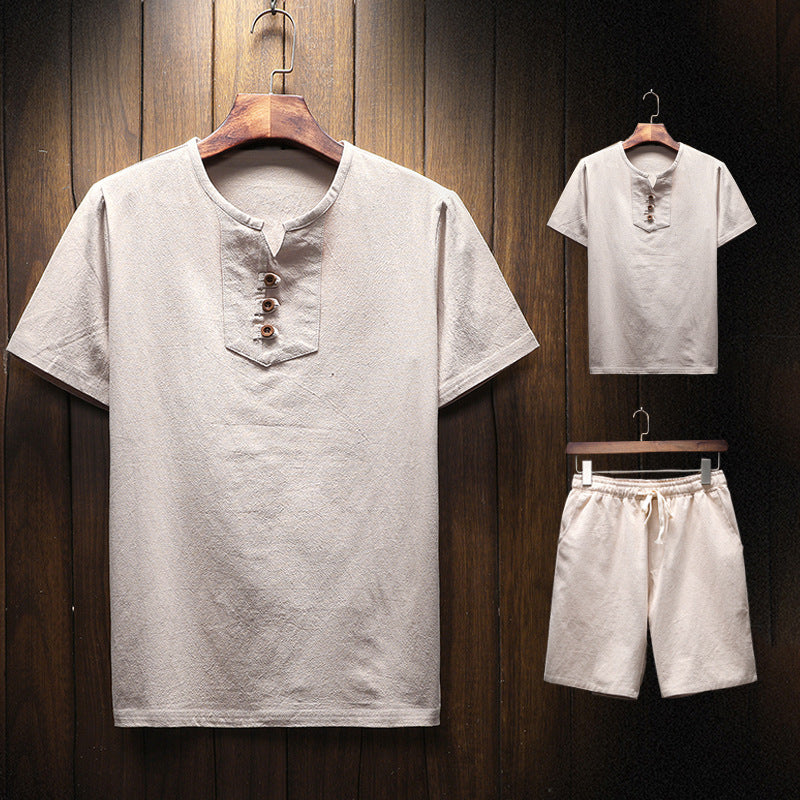 Men's Linen Suit Solid Color Short-sleeved T-shirt Shorts