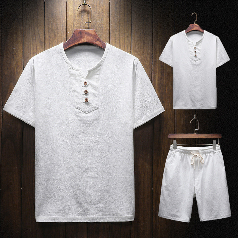 Men's Linen Suit Solid Color Short-sleeved T-shirt Shorts