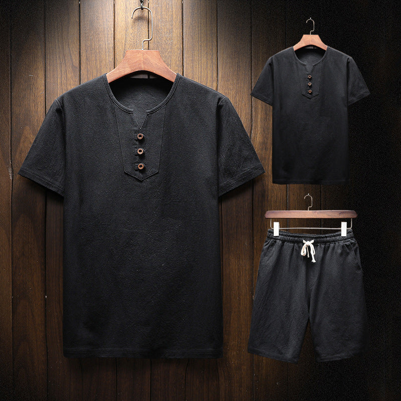 Men's Linen Suit Solid Color Short-sleeved T-shirt Shorts