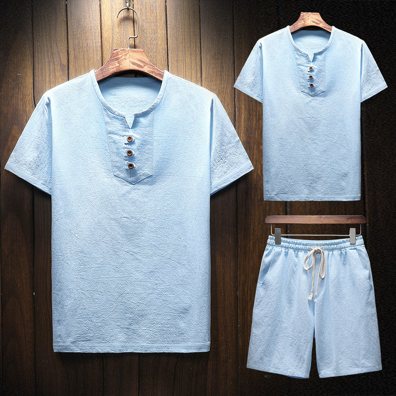 Men's Linen Suit Solid Color Short-sleeved T-shirt Shorts