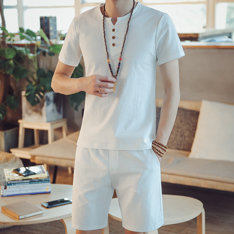 Men's Linen Suit Solid Color Short-sleeved T-shirt Shorts