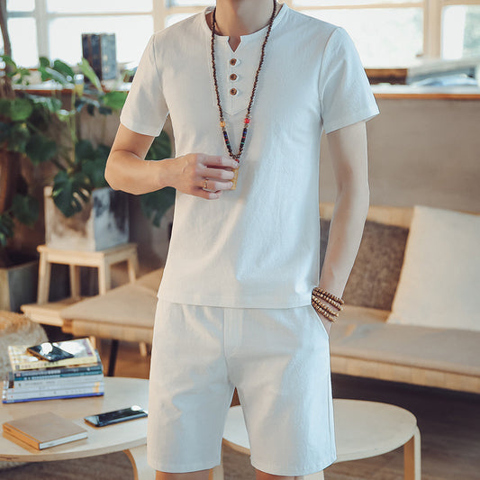 Men's Linen Suit Solid Color Short-sleeved T-shirt Shorts