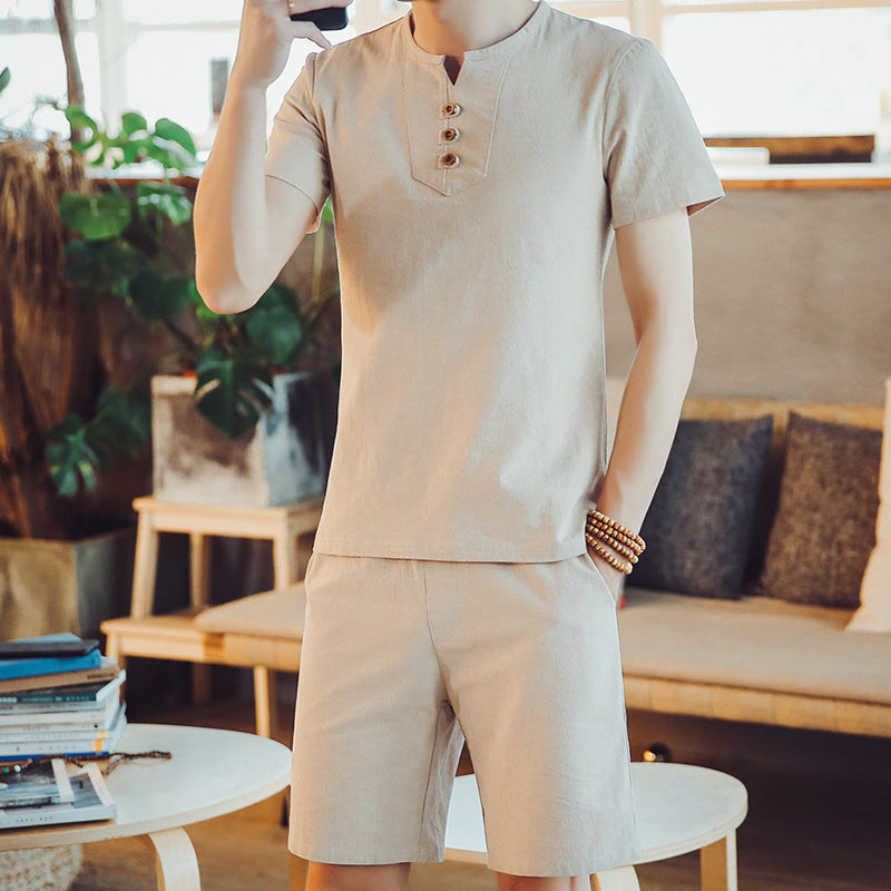Men's Linen Suit Solid Color Short-sleeved T-shirt Shorts