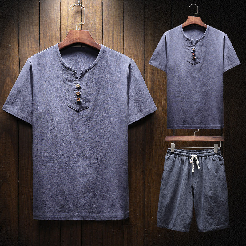Men's Linen Suit Solid Color Short-sleeved T-shirt Shorts